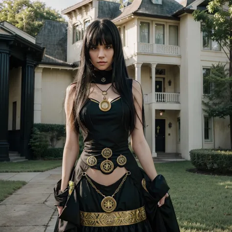 Girl green eyes long black hair with bangs , full length black dress with yellow medallion. with a mansion in the background. From the photos. In the first one she looked innocent dressed in green and the other dressed in black and looked evil. Don&#39;t l...