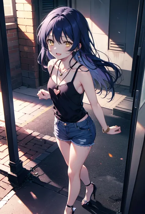 you like it, Umi Sonoda, Long Hair, Blue Hair, (Yellow Eyes:1.5) (Flat Chest:1.2),Blue Tank Top,Heart Necklace,Skinny jeans,Stiletto heels,happy smile, smile, Open your mouth,Walking,Daytime,Clear skies,whole bodyがイラストに入るように,
break outdoors, Building distr...