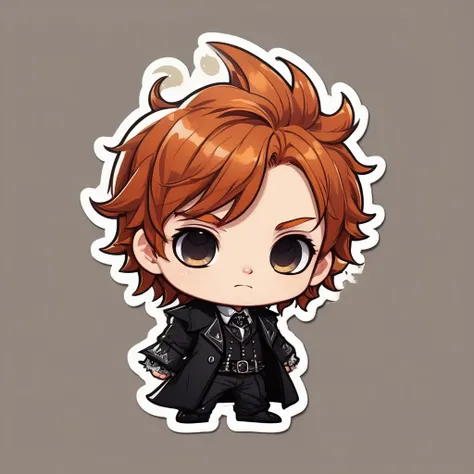 a sticker，boy with ginger hair, white colored eyes, cut hair, dark look, magic, with, drawing image, simple background, Cute cartoon, Gothic style, chibi style, highy detailed, highest quallity, high details, work of art, black leagwear