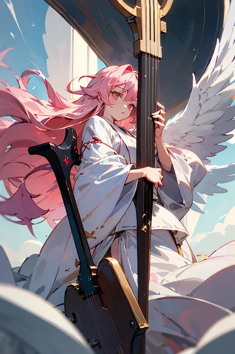 ((best qualityer)), ((work of art)), (detailded), female, pink hair, long hair, pink eyes, white robe, holding Lyre, white wings