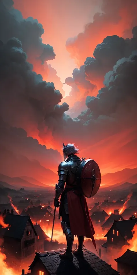 Knight looking at village in flames the sky red colour with black cloud 