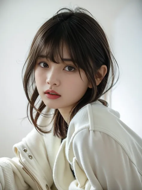 Selfie、Close-up of a woman wearing a white sweater, neat hair With bangs, short detailed hair, Baiji haircut hairstyle, short detailed hair With bangs, south east asian with round face, Cute and delicate face of girl, With bangs, Korean girls, Young cute a...