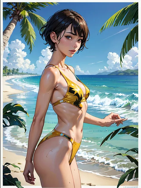 ((highest quality, masterpiece, High resolution)), ((reality)),Photos of beautiful Japanese women,((anime art))、 (((1 girl))), normal size breasts, slim body shape,  medium short hair, double eyelid, Wet see-through gold micro one-piece swimsuit,,  A pareo...