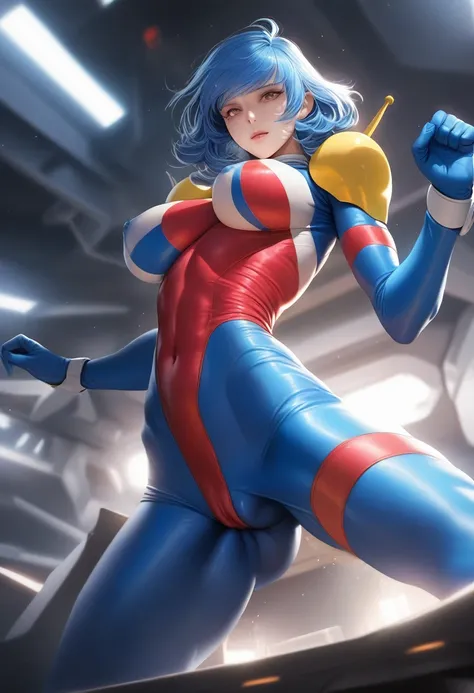 Perfect hands, Perfect Fingers,Perfect Anatomy, masterpiece, Highest quality,Realistic, hyperRealistic, 16k hdr,One girl, Large Breasts,Erect nipples,Camel Toe,Blue Hair, Bobcut,Mobile Trace Suit, Shoulder Armor,Fighting Pose, Upper Body, cockpit,From belo...