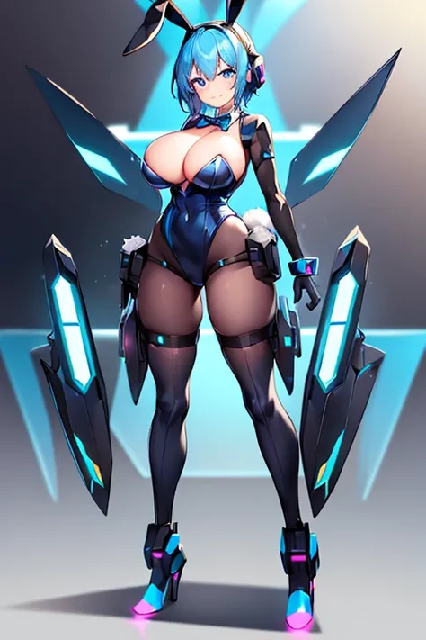 1girl, blue hair, large breasts, bunny ears, rabbit ears, wide hips, bodysuit, black bodysuit, short hair, very short hair, science-fiction, tech, futuristic, machinery, full body, ((full body)), smile, light smile, robot girl, drone, high heels, black thi...