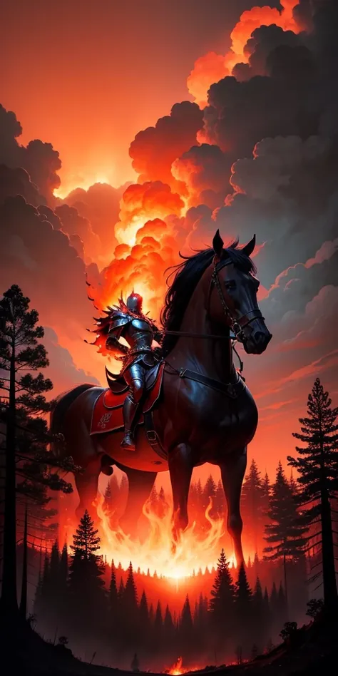 Knight looking at forest in flames the sky red colour with black cloud 