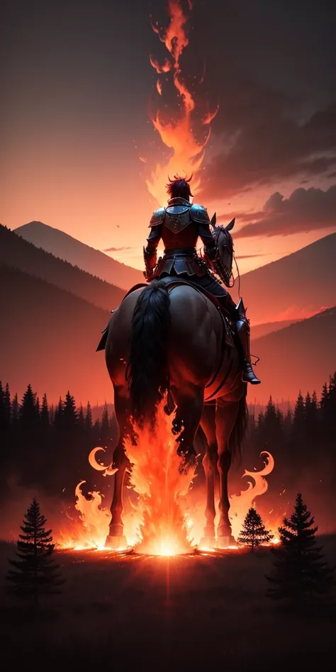 Knight looking at forest in flames the sky red colour with black cloud 