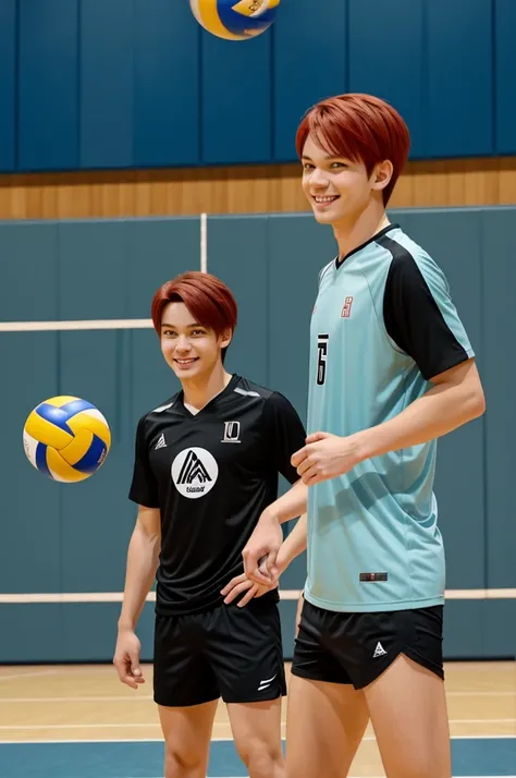 Haikyuu screenshot. 
Boy with straight red hair and medium length, with bangs. 
Large light blue eyes with a smiling expression, pretty and sweet. 
He is wearing the Karasuno t-shirt with the number 7 and black sports shorts..
Con una mano esta haciendo el...