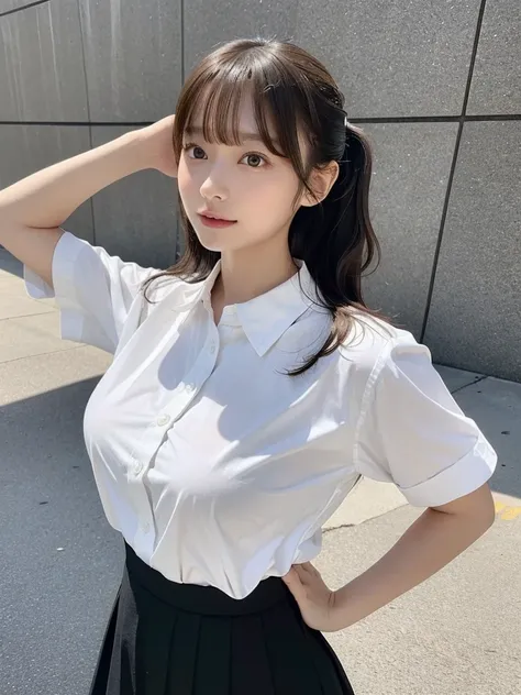 short length、 ((white shirt、summer clothes、black office lady skirt)),  brown skin、huge breasts:0.8,thin, medium ponytail、light b...