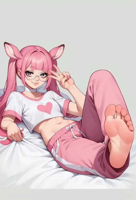 Masterpiece, foot focus, foot fetish, perfect face, smile, vramslace, 1girl, solo, long hair, looking at viewer, bangs, shirt, navel, twintails, pink hair, perfect hair, glasses, white choker, midriff, pink pajama pants, blunt bangs, two-tone hair, lips, p...