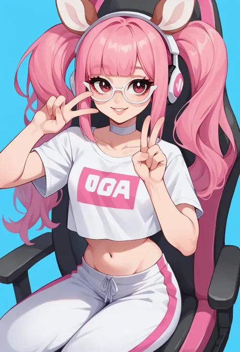 masterpiece, pink gamer headphones, white gamer headphones, perfect face, smile, vramslace, 1girl, solo, long hair, looking at v...