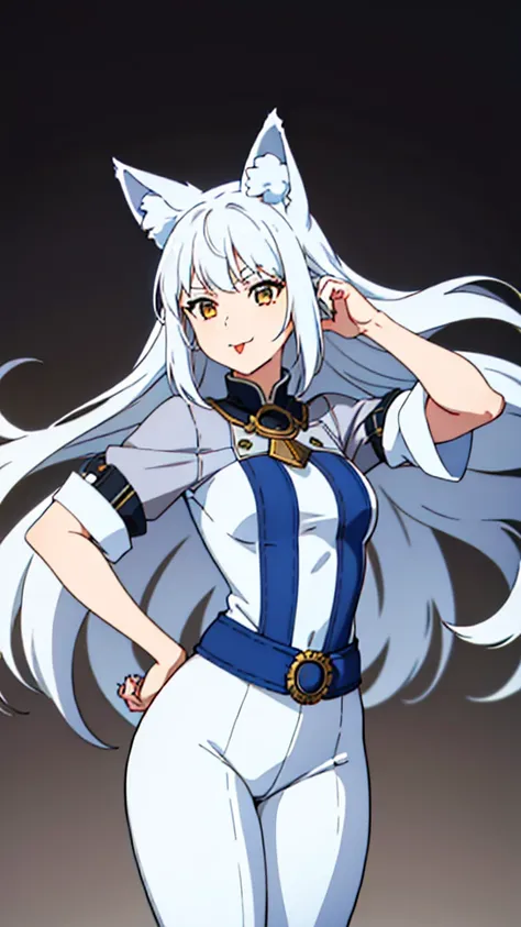 1girl ,solo,20s,mature female,white hair,long hair,fox ears,(simple background),white leggings,:p