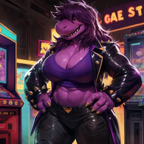 solo, 1girl, susie, susie deltarune, hands on hips, huge breasts, cleavage, bare midriff, standing upright, laughing, looking at...