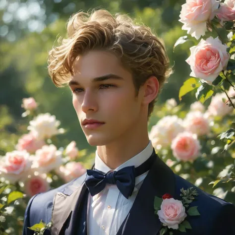 create an image of a young man inspired by the characteristics of the rose 'the prince.' 23 year old male supermodel, attractive...