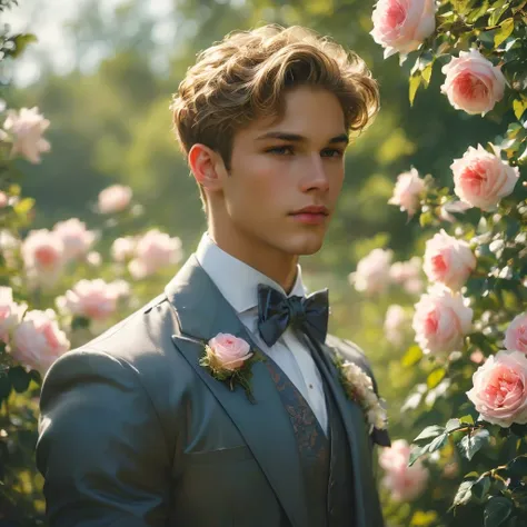 create an image of a young man inspired by the characteristics of the rose 'the prince.' 23 year old male supermodel, attractive...