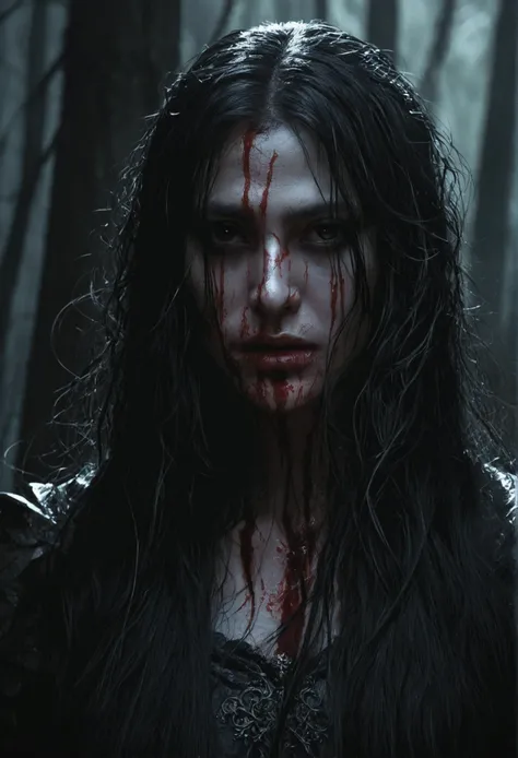 Very detailed, ultra detailed, masterpiece, darknight, long hair, black hair, black eyes, blood on the face, drops of blood, in a florest, dark environment, dark fantasy, night, darkness,