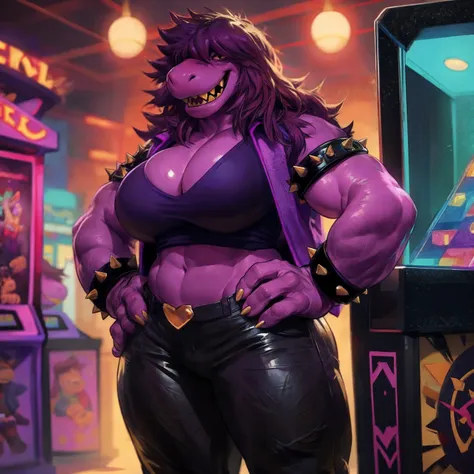 solo, 1girl, susie, susie deltarune, hands on hips, huge breasts, cleavage, bare midriff, standing upright, laughing, looking at...