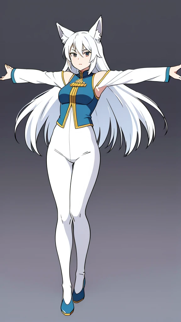 1girl ,solo,20s,mature female,white hair,long hair,fox ears,(simple background),white leggings,outstretched arms, standing