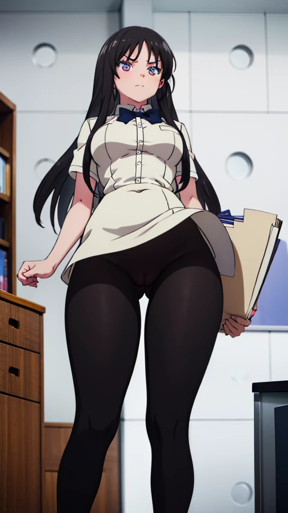 1girl, office, shirt, (angry), ((hourglass figure)), black tights, (from below), looking at viewer, ((thick thighs)), ((pussy))