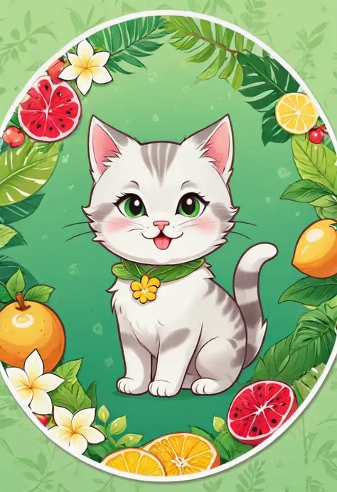 sticker,( little kitten)，happy expressions，cute clothes，in circle with wild fruits, hawaiian background, green border，simpler, u...