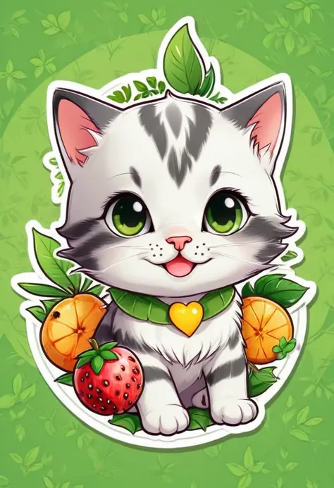 sticker,( little kitten)，happy expressions，cute clothes，in circle with wild fruits, hawaiian background, green border，simpler, u...