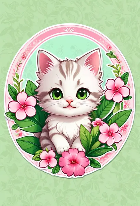 sticker,at the center, pink flowers, (little kitten)，happy expressions，cute clothes，in circle with wild fruits, hawaiian backgro...