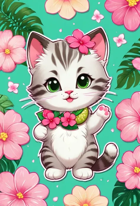 sticker,at the center, pink flowers, fruits, (little kitten)，happy expressions，cute clothes，em círculo com fruits silvestres, ha...