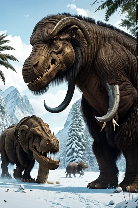 Tyrannosaurus Rex and Woolly Mammoth living in a snowy area with a jungle sector.