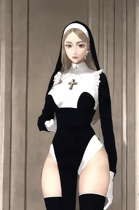 (masterpiece, Highest quality, Super detailed, Absurd:1.5), One girl, (sexy, Beautiful woman, Perfect Face, Perfect Eyes, Perfect female body:1.5), (Tutututu, (Nuns), (Cross Necklace), Latex bodysuit, Shiny clothes, Fits perfectly to the skin, habit, Latex...