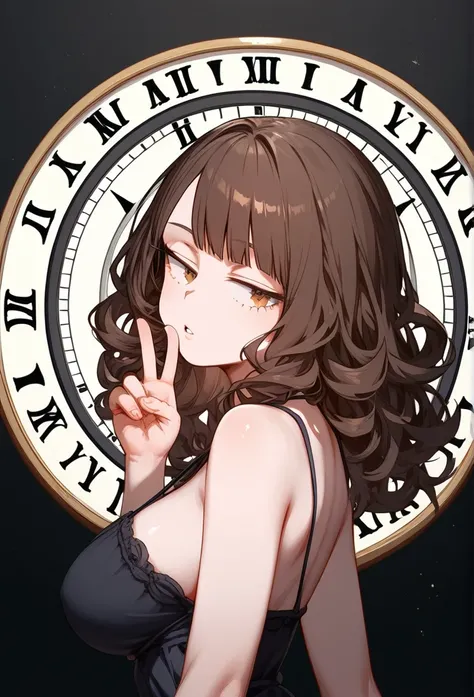 masterpiece, Score_9, Score_8_up, Score_7_up, rear view, 1 woman, alone, brown hair, long curly hair, split bangs, honey eyes, half-closed eyes, parted lips, expressionless, pale skin, large breasts, upper body, Black nightdress with V-neckline, black back...