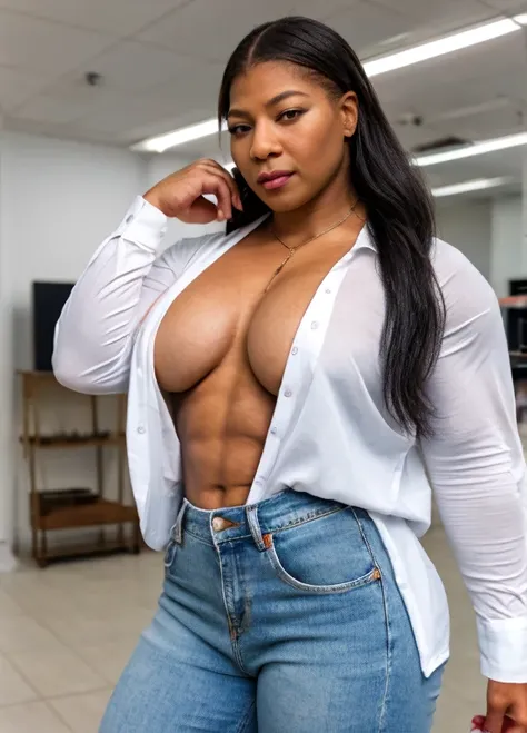 A heavily muscled iffb pro female bodybuilder, Masterpiece, Best Quality, candid photo, (casually beautiful Queen latifah, working in technical support;), (Dressed in a white button-down shirt, tight blue jeans), (name tag), ((a perfect face)), Big perfect...