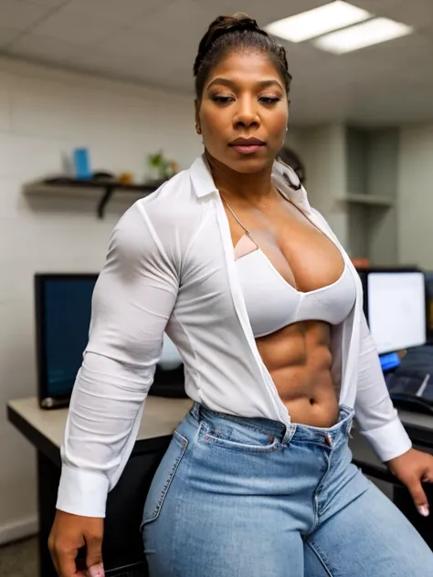 A heavily muscled iffb pro female bodybuilder, Masterpiece, Best Quality, candid photo, (casually beautiful Queen latifah, working in technical support;), (Dressed in a white button-down shirt, tight blue jeans), (name tag), ((a perfect face)), Big perfect...