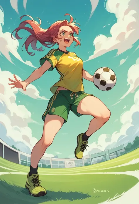 girl with green and yellow sports soccer set, holding a soccer ball