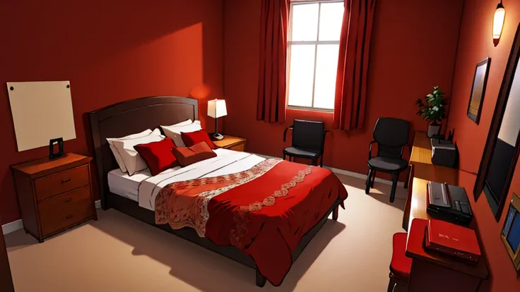 a red bedroom at night, no people, no persons