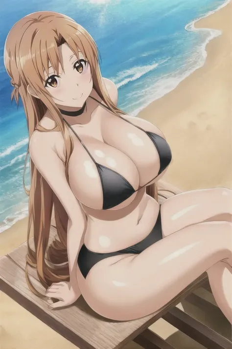 asuna, solo, long_hair, brown hair, breasts, looking_at_viewer, smile, large_breasts, cleavage, bare_shoulders, sitting, very_long_hair, brown_eyes, collarbone, choker, crossed_legs, black underwear, from_below, breasts, large breasts, big breasts, huge br...