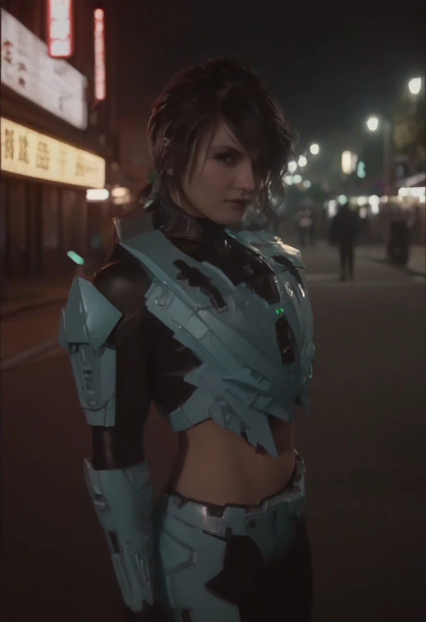 (realistic analog style sharp focus 8k raw photo with soft lighting and high quality:1.1), (hdr film grain:1.2),movie poster, a cute woman wearing a shiny (textured:1.2) (intricate:1.2) cyborgcosplay in a dark street at night, (cinematic hairstyle:1.2)
