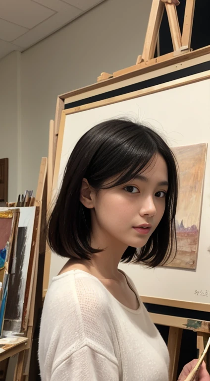 Please draw a beautiful woman who is an artist painting a picture。She has a painting palette and brushes、Wearing casual clothes。Black Hair