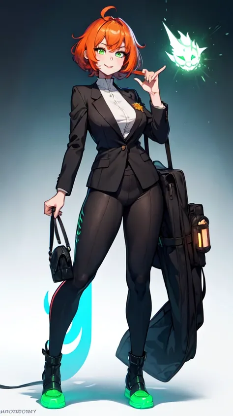 1girl, sexy, white skin, anime woman, happy, glowing green eyes, extremely short glowing orange hair, wearing a suit, full body