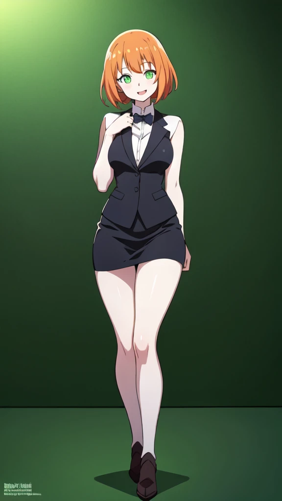 1girl, sexy, white skin, anime woman, happy, glowing green eyes, extremely short glowing orange hair, wearing a suit, full body