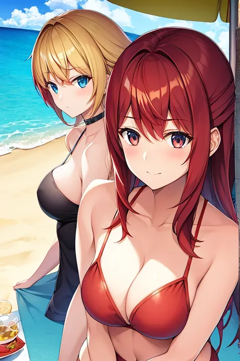 many women, one with red hair, another with blonde, another with black hair, super sexy in the background of the beach