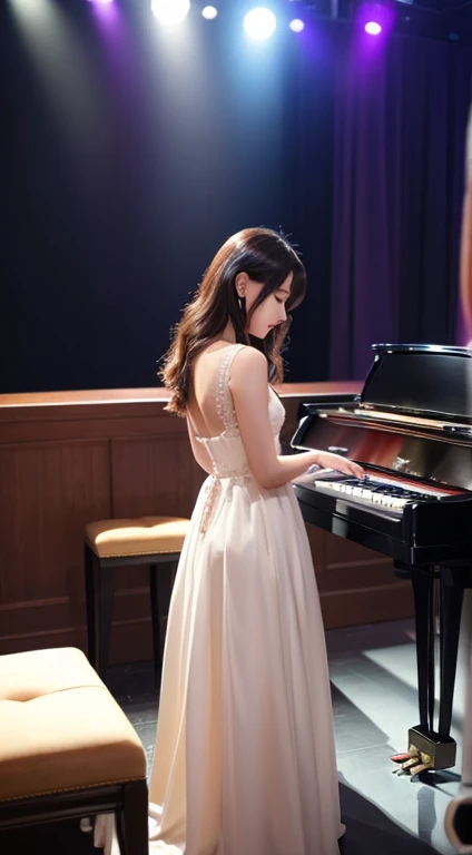 Please draw a beautiful woman playing the piano。she is wearing an elegant dress、Standing on stage