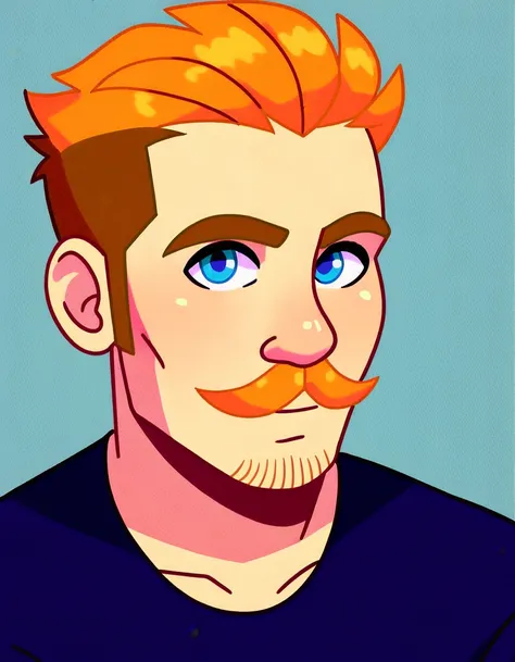 brooklyn_t_guy, solo, looking at viewer, short hair, blue eyes, simple background, shirt, 1boy, upper body, short sleeves, male focus, black shirt, facial hair,  orange small oval shaped mustache, orange hair