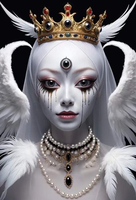 (masterpiece, best quality:1.2),Grotesque Aesthetics:1.56，Thriller， Ugly faceless person，There are many eyeballs growing on the skin of the face，teeth， Solitary，black background，crown，veil，hand，Pearl Necklace，Feather wings