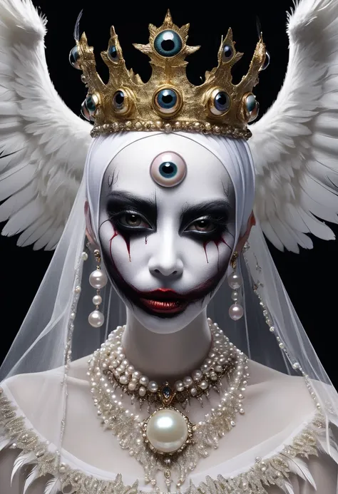 (masterpiece, best quality:1.2),Grotesque Aesthetics:1.56，Thriller， Ugly faceless person，There are many eyeballs growing on the skin of the face，teeth， Solitary，black background，crown，veil，hand，Pearl Necklace，Feather wings