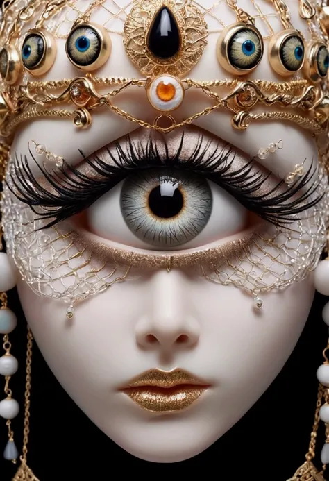 Grotesque Aesthetics：One-eyed sculpture，Tears，There are many eyeballs growing on the skin of the face，Eyeball Necklace，Eyeball Crown，Realistic eyeballs，teeth，Distorted face， Solitary，black background，crown，veil，Hands touch your face，3D eye bead necklace，
