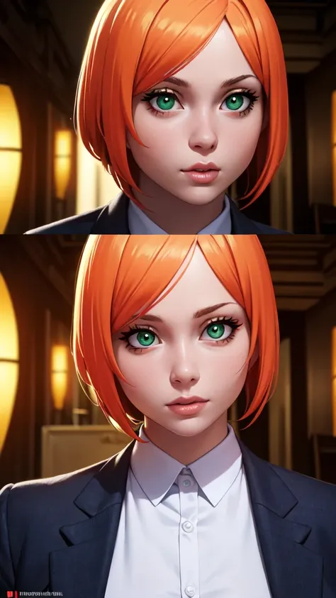 1girl, beautiful detailed eyes, beautiful detailed lips, extremely detailed eyes and face, long eyelashes, sexy, fair skin, anime-style, glowing green eyes, extremely short glowing orange hair, wearing a formal business suit, full body, (best quality,4k,8k...