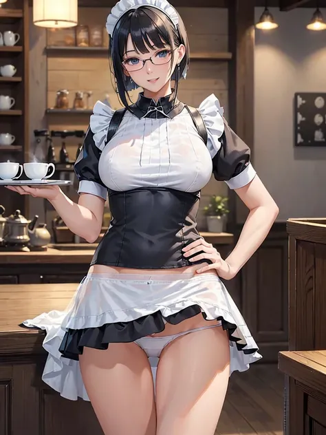 nsfw, Detailed Background, (((独奏))), ((Excellent anatomy: 1.2)), (One beautiful 35 year old woman:1.5), (Black Hair, Shortcuts, blunt bangs), Big Tits, (Blue Eyes), (Beautiful Eyes), (Miniskirt maid costume:1.3), (Silver-rimmed glasses:1.2), (Holding a tea...