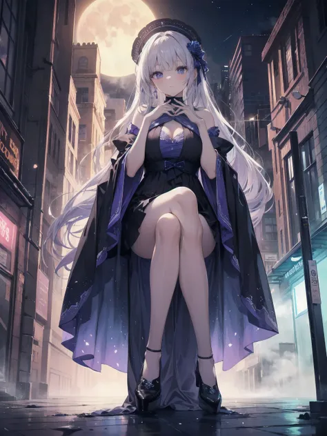 masterpiece, 8k, Highest quality, Very detailed, Purple & A beautiful girl in a blue magical robe with a moon motif、Close-up on the characters、(building, city、A dense fog of fluorescent particles、１８００Era、Western style、Fiction、grow、Overwhelming、Detailed str...