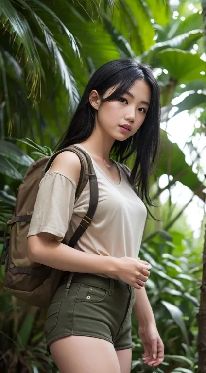 Please draw a beautiful adventurer exploring the jungle.。She is wearing safari clothes、I have a map。Black Hair