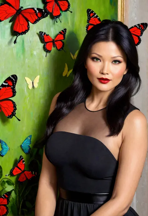 8k, solo, beautiful girl (Kelly Hu), black cat, makeup, blush, lipstick, red lips, portrait, realistic, green eyes, looking at viewer, painting, butterflies,